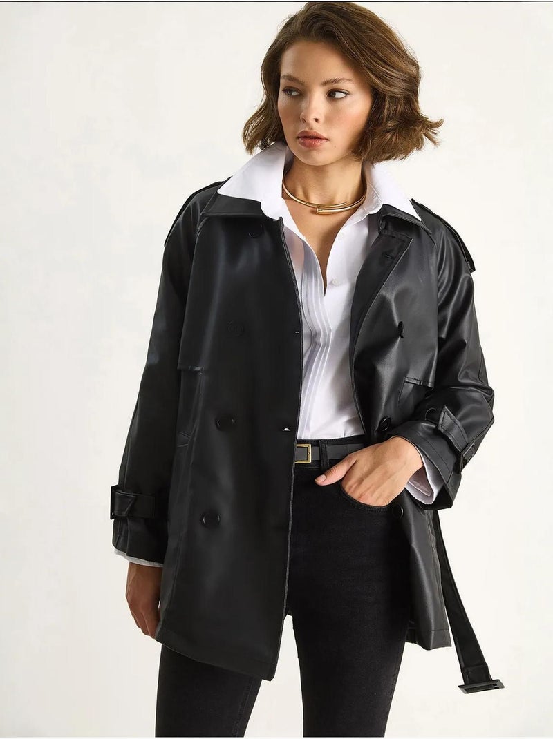 Gabardina cruzada de piel sintética lucci Negro - Kiabi