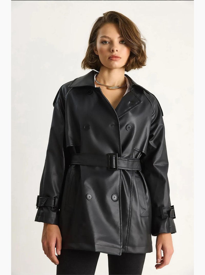 Gabardina cruzada de piel sintética lucci Negro - Kiabi