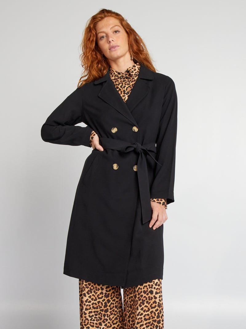 Gabardina larga con doble hilera de botones negro - Kiabi
