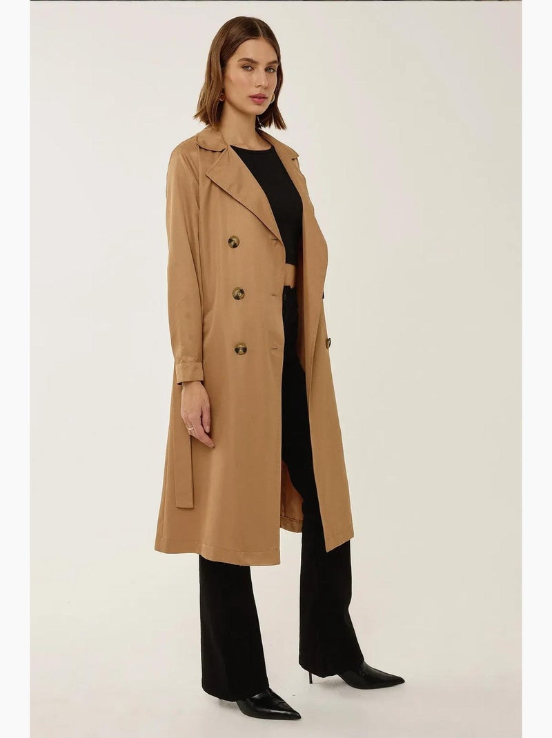 Gabardina larga larga de doble botonadura con cinturón hiccup Camel - Kiabi