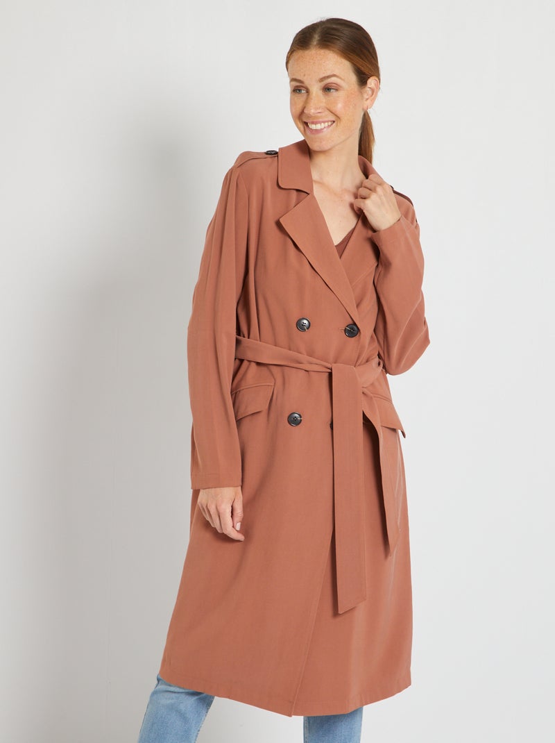 Gabardina larga vaporosa con cinturón MARRON - Kiabi