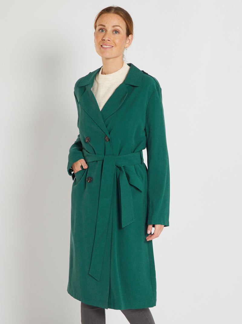 Gabardina larga vaporosa con cinturón verde gris - Kiabi