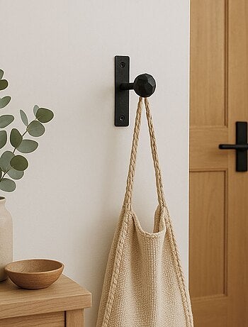 Gancho de pared pequeño, recto, metal negro y bola