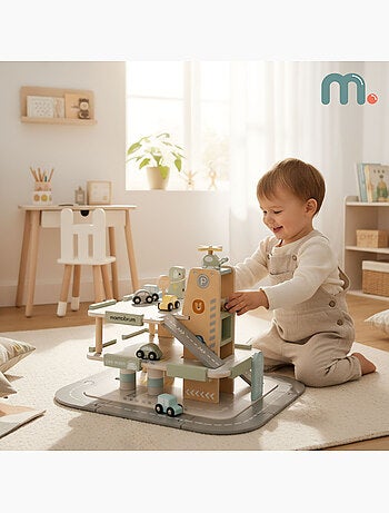 Garaje de madera infantil 3 niveles con coches, helicóptero y accesorios – Mamabrum