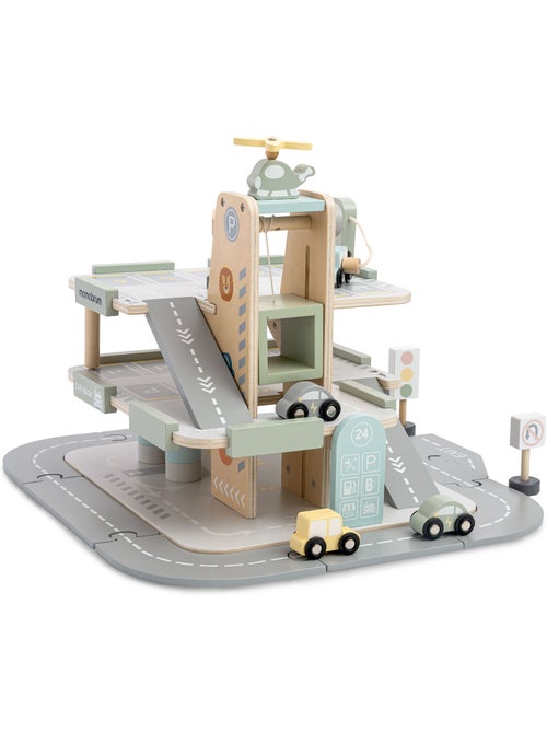 Garaje de madera infantil 3 niveles con coches, helicóptero y accesorios – Mamabrum - Kiabi