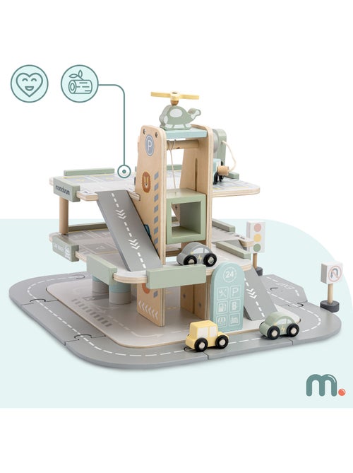 Garaje de madera infantil 3 niveles con coches, helicóptero y accesorios – Mamabrum - Kiabi