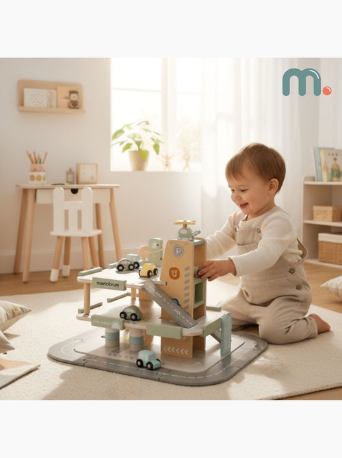 Garaje de madera infantil 3 niveles con coches, helicóptero y accesorios – Mamabrum - Kiabi