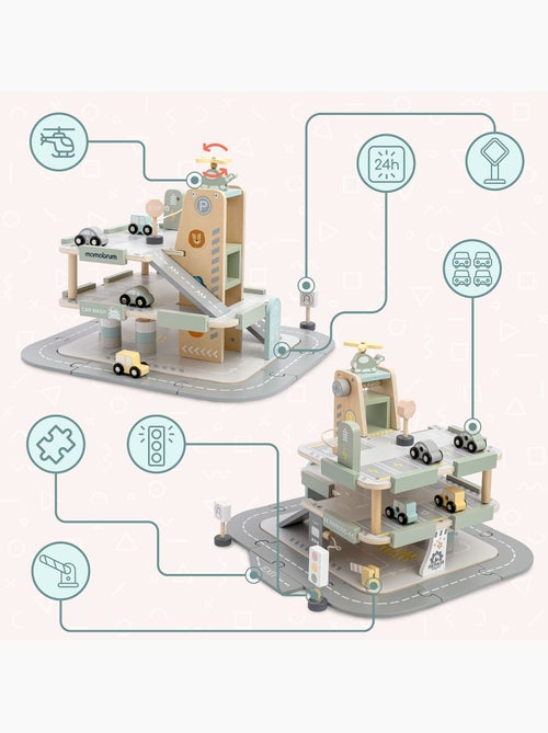 Garaje de madera infantil 3 niveles con coches, helicóptero y accesorios – Mamabrum - Kiabi