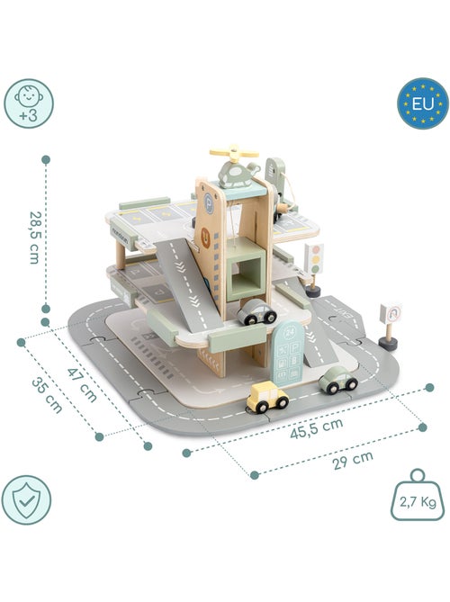 Garaje de madera infantil 3 niveles con coches, helicóptero y accesorios – Mamabrum - Kiabi