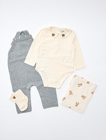 GIFTBOX peto largo de punto + body + muselina doble gasa + calcetines