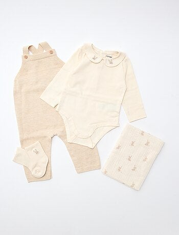 GIFTBOX peto largo de punto + body + muselina doble gasa + calcetines