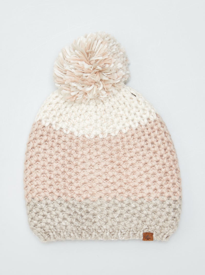Gorro de punto colorblock con pompón ROSA - Kiabi