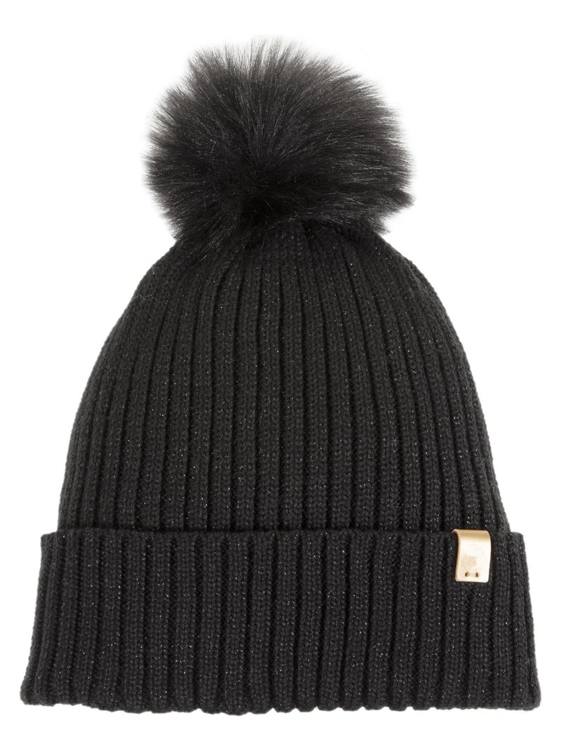 Gorro Punto reciclado, cálido, forro polar reciclado, pompón imitación mujer Isotoner Negro - Kiabi