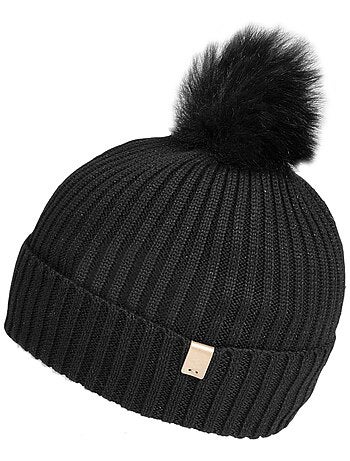 Gorro punto reciclado, cálido, forro polar reciclado, pompón imitación mujer