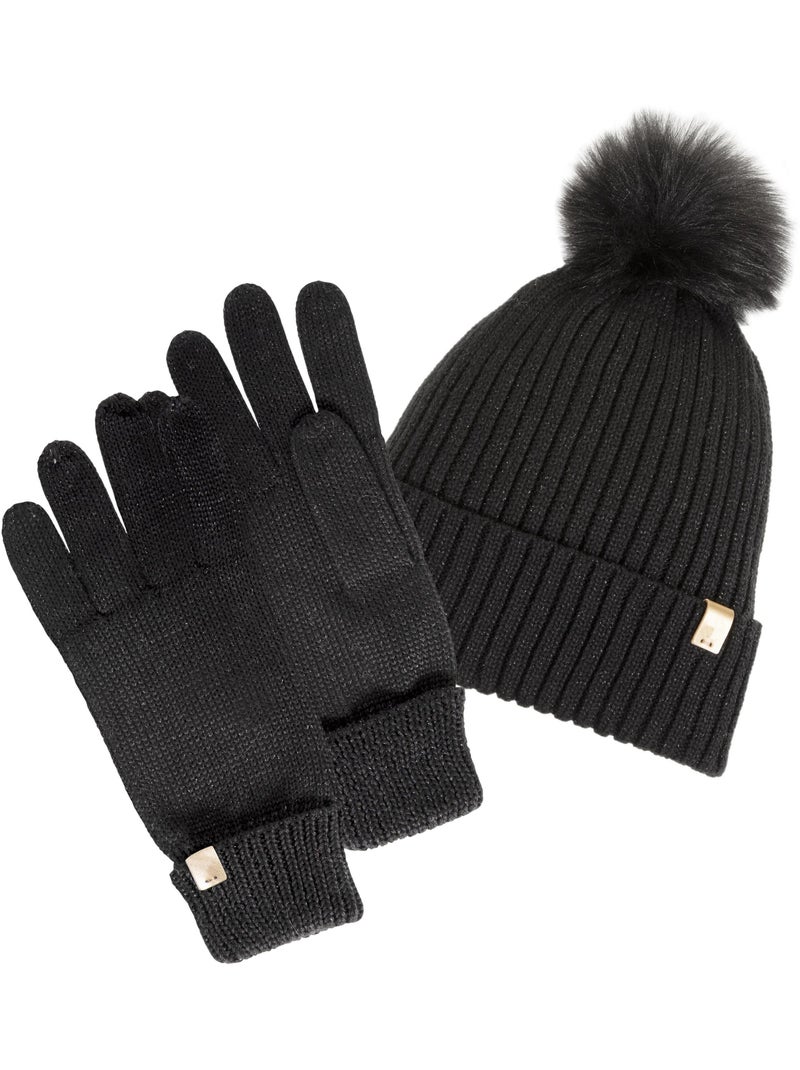 Gorro punto reciclado, cálido, forro polar reciclado, pompón imitación mujer Negro - Kiabi