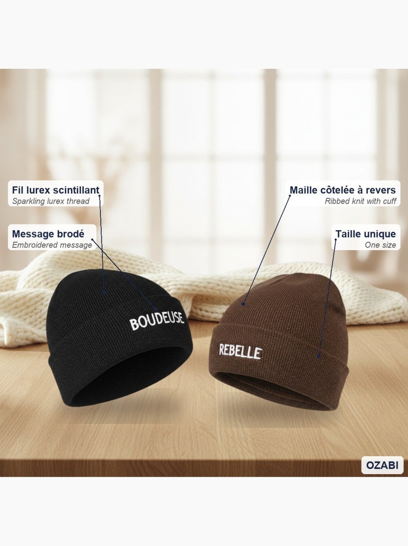 Gorros mujer lurex pailletado mensaje bordado ozabi - pack de 2 Negro Marrón - Kiabi