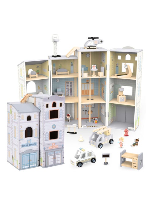 Gran estación de bomberos y comisaría de madera con accesorios para juego infantil - Kiabi Gran estación de bomberos y comisaría de madera con accesorios para juego infantil - Kiabi