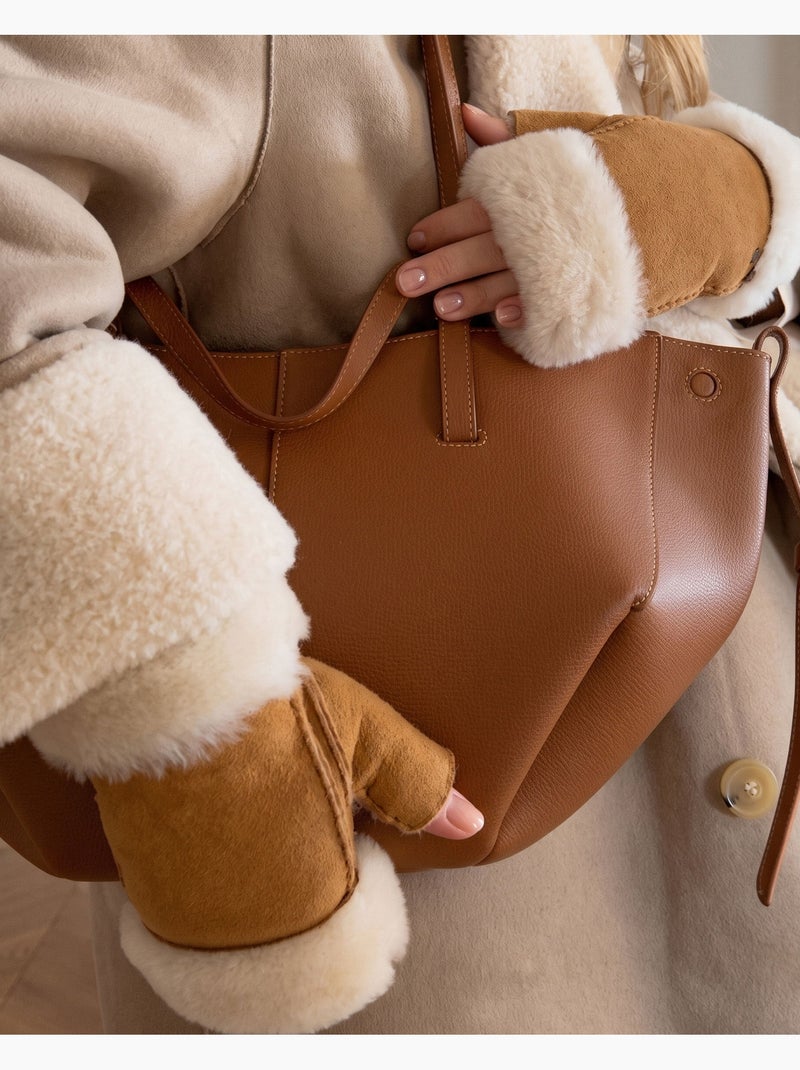 Guantes cálido y suave, de cuero de oveja con interior de imitación de mujer Marrón caramelo - Kiabi
