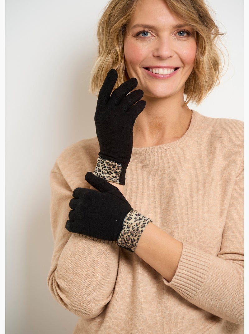 Guantes cálidos de polar con ribete de estampado de leopardo - AFIBEL Negro - Kiabi
