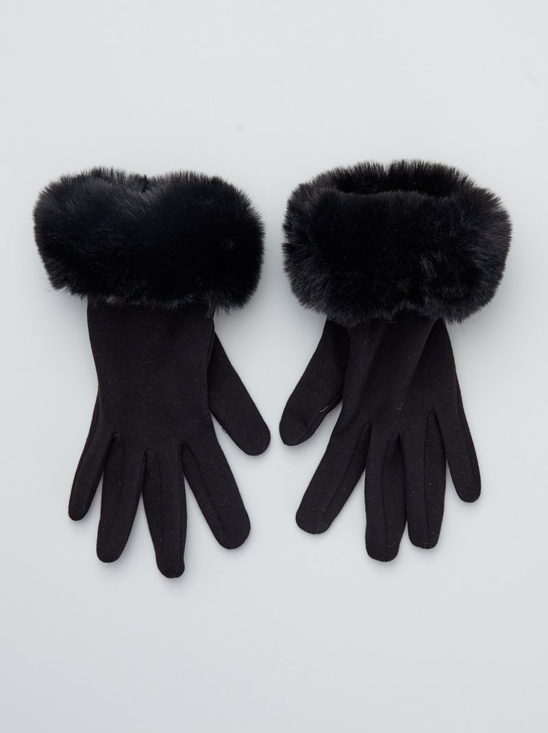 Guantes con puño de pelo negro - Kiabi