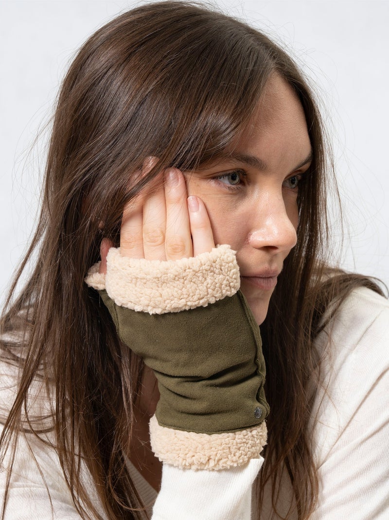 Guantes de cuero de cabra ante, con forro de imitación de piel mujer Isotoner Verde oliva - Kiabi