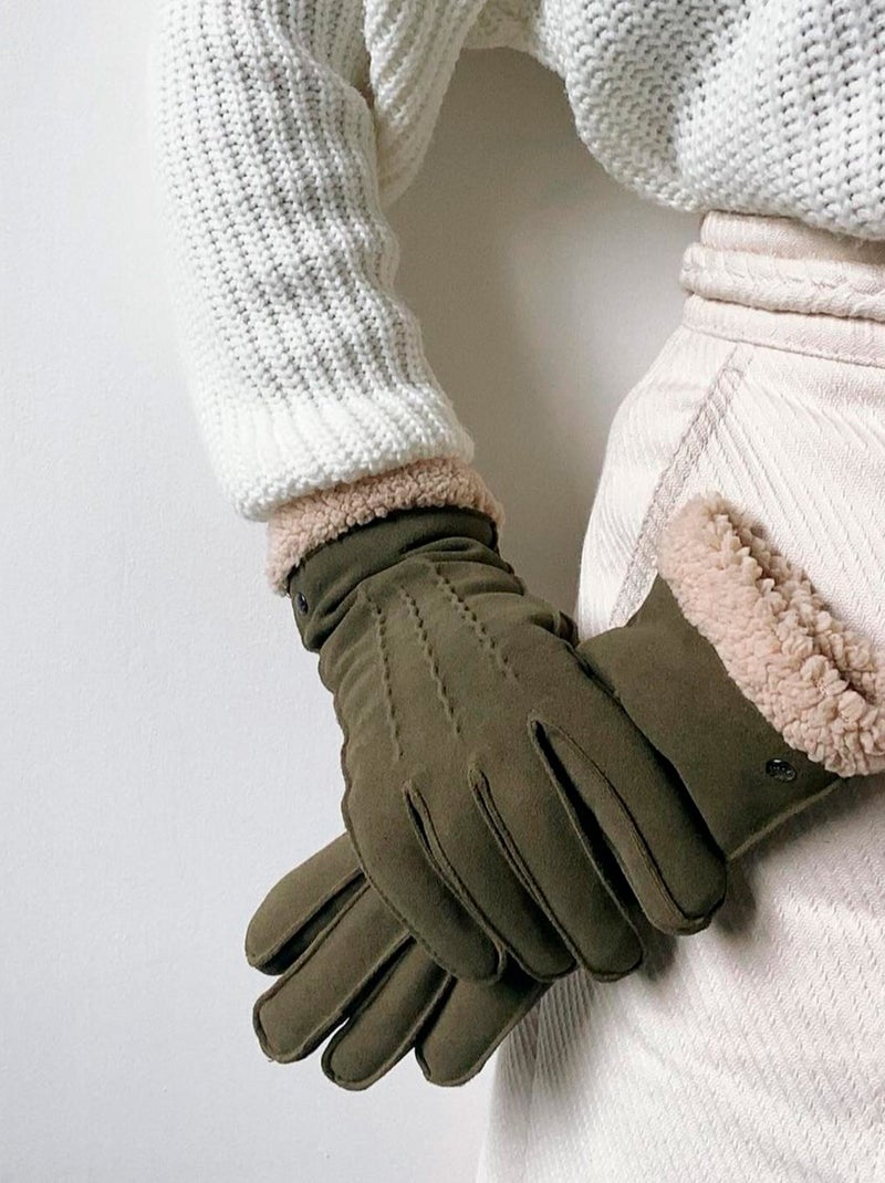Guantes de cuero de cabra ante, con forro de imitación de piel mujer Isotoner Verde oliva - Kiabi