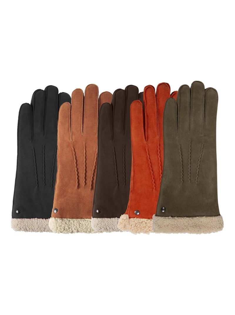 Guantes de cuero de cabra ante, con forro de imitación de piel mujer Isotoner Verde oliva - Kiabi