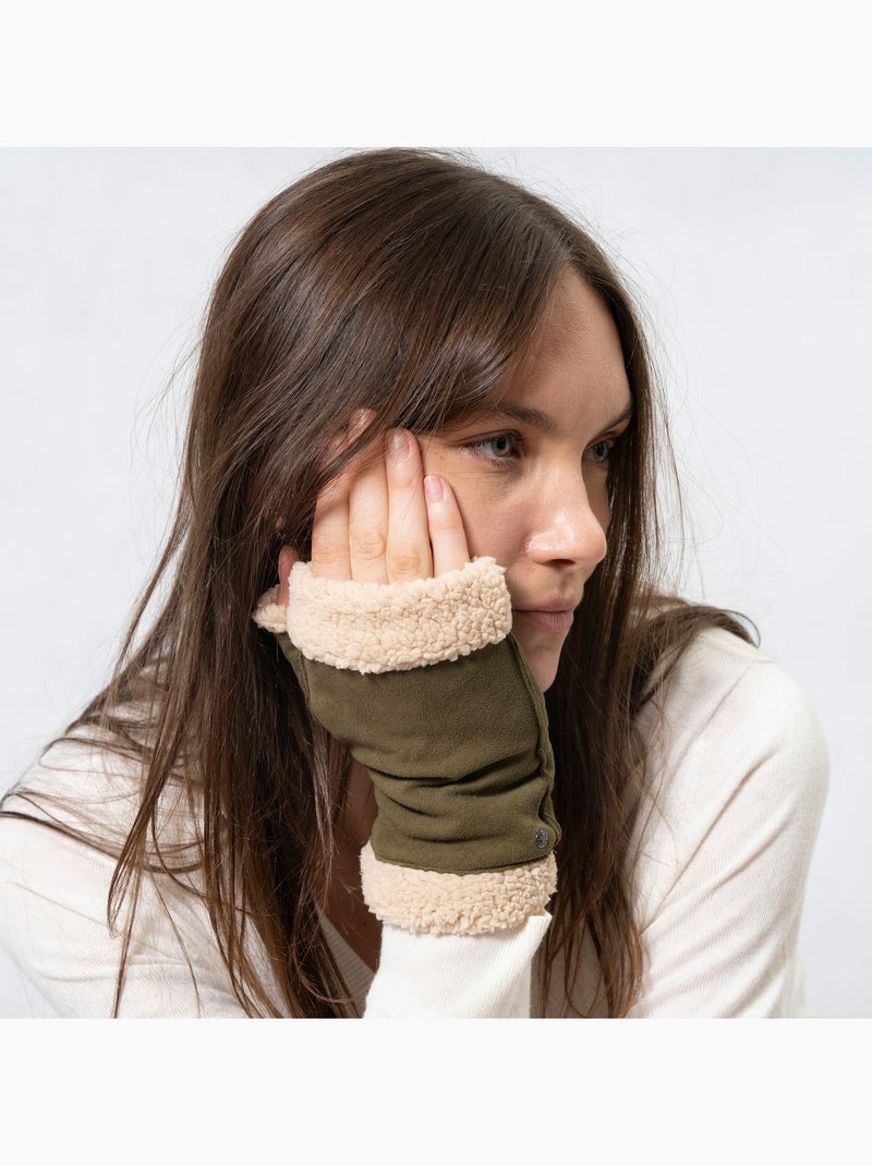 Guantes de cuero de cabra ante, con forro de imitación de piel mujer Verde oliva - Kiabi