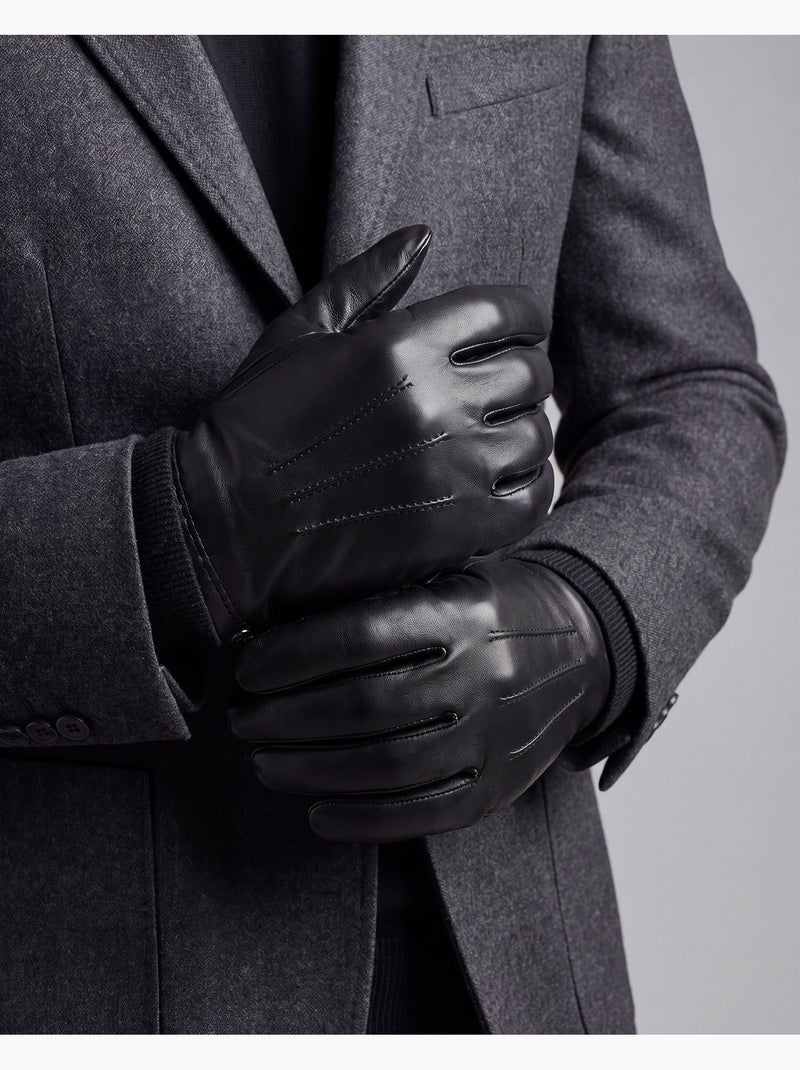 Guantes de cuero de cordero plena flor, forrado de cachemira y seda hombre Negro - Kiabi