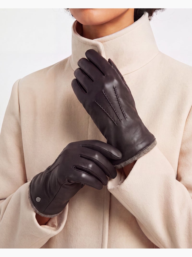 Guantes de cuero de cordero plena flor, forro de cachemira mujer Negro - Kiabi