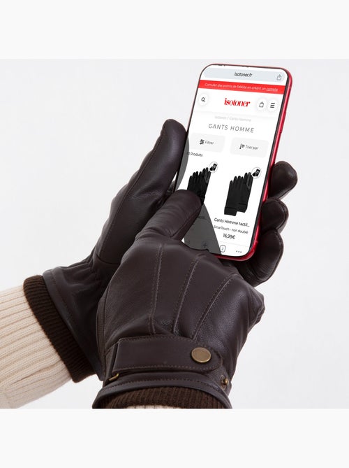 Guantes Pantallas táctiles de cuero de cabra plena flor - forro polar hombre Isotoner - Kiabi
