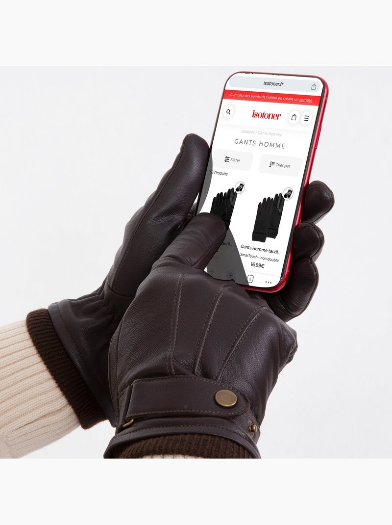 Guantes Pantallas táctiles de cuero de cabra plena flor - forro polar hombre Isotoner Marrón - Kiabi