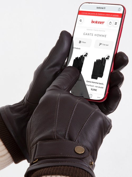 Guantes Pantallas táctiles de cuero de cabra plena flor - forro polar hombre Isotoner - Kiabi