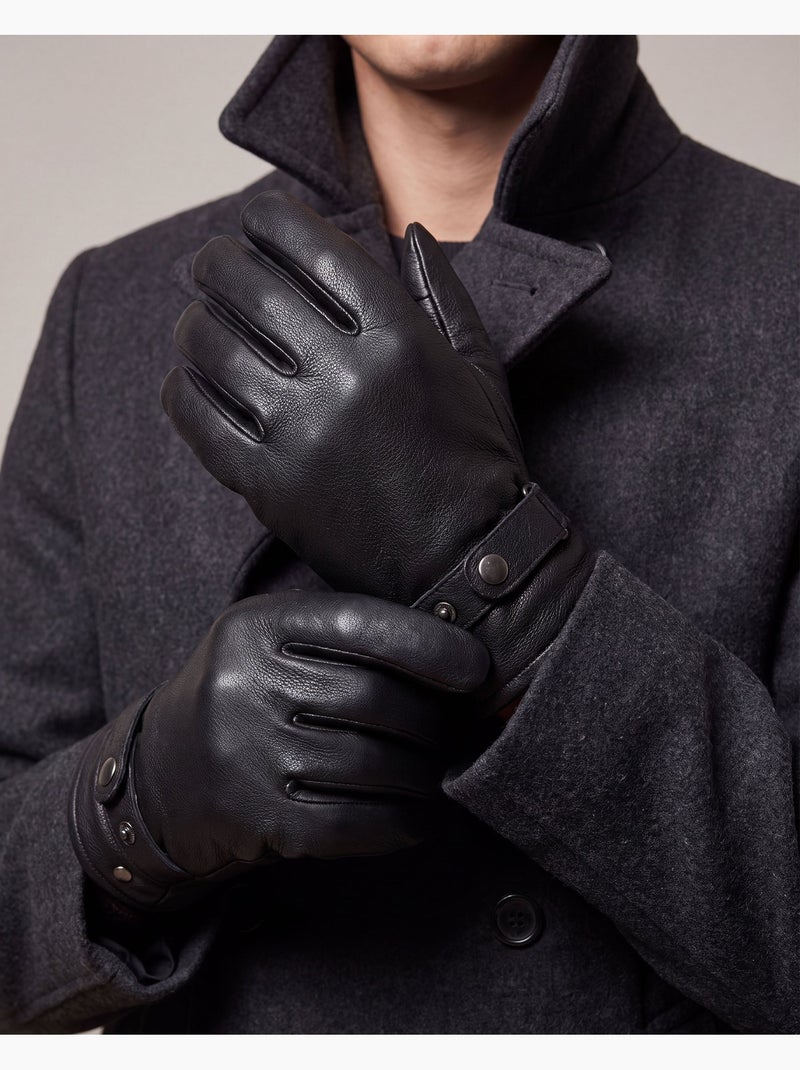 Guantes táctil, en cuero de cabra con forro de imitación de micropiel hombre Negro - Kiabi