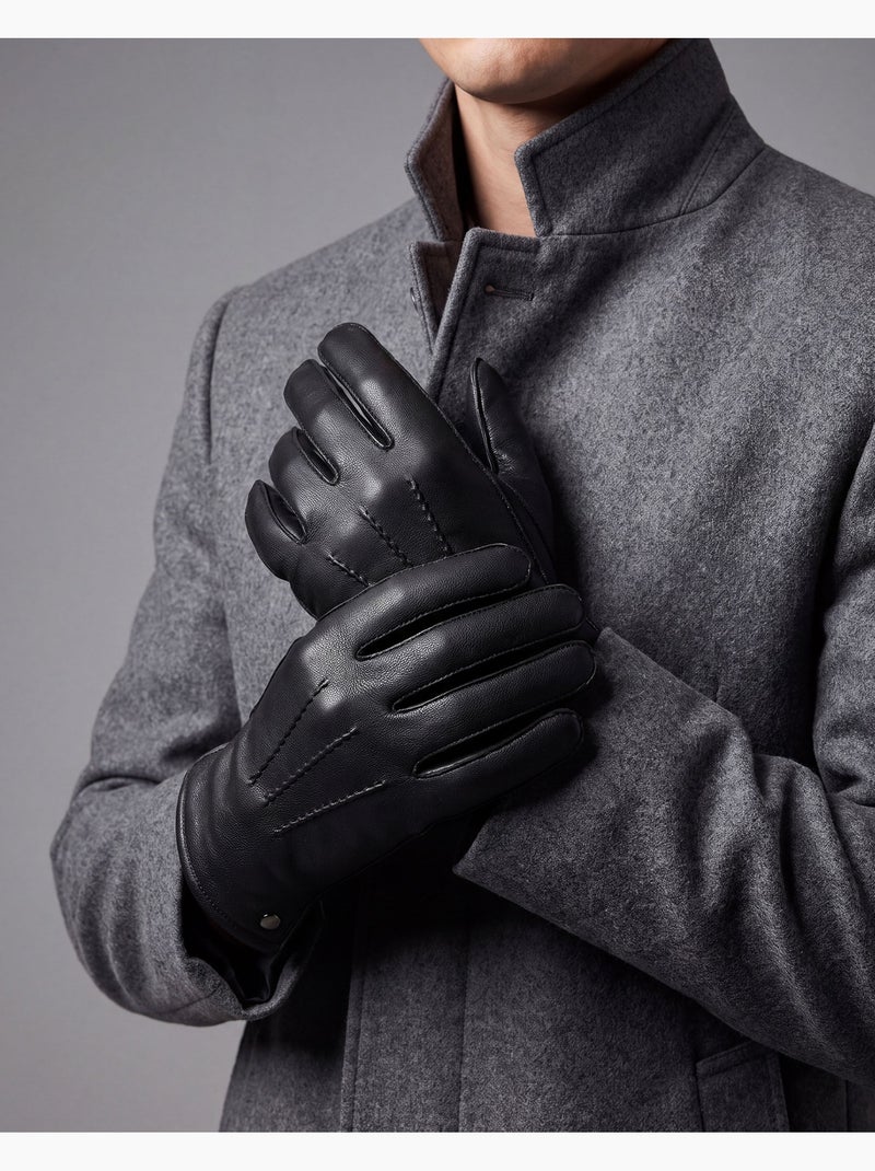 Guantes táctil, en cuero de cabra con forro de imitación de micropiel hombre Negro - Kiabi