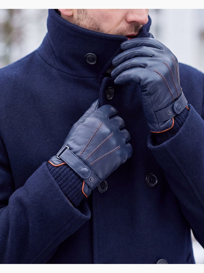 Guantes táctiles, de cuero de cordero de grano completo, con forro polar hombre Azul marino - Kiabi