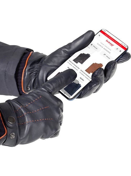 Guantes táctiles, de cuero de cordero de grano completo, con forro polar hombre isotoner - Kiabi