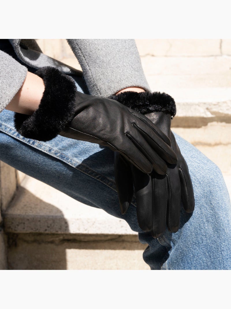 Guantes tactiles en piel de cordero plena flor - forrado cálido mujer isotoner Negro - Kiabi