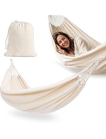 Hamaca colgante boho beige con funda de transporte ligera 200 x 150 cm