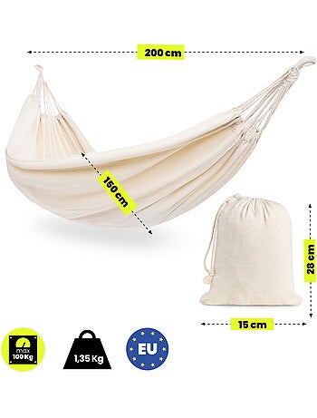 Hamaca colgante boho beige con funda de transporte ligera 200 x 150 cm