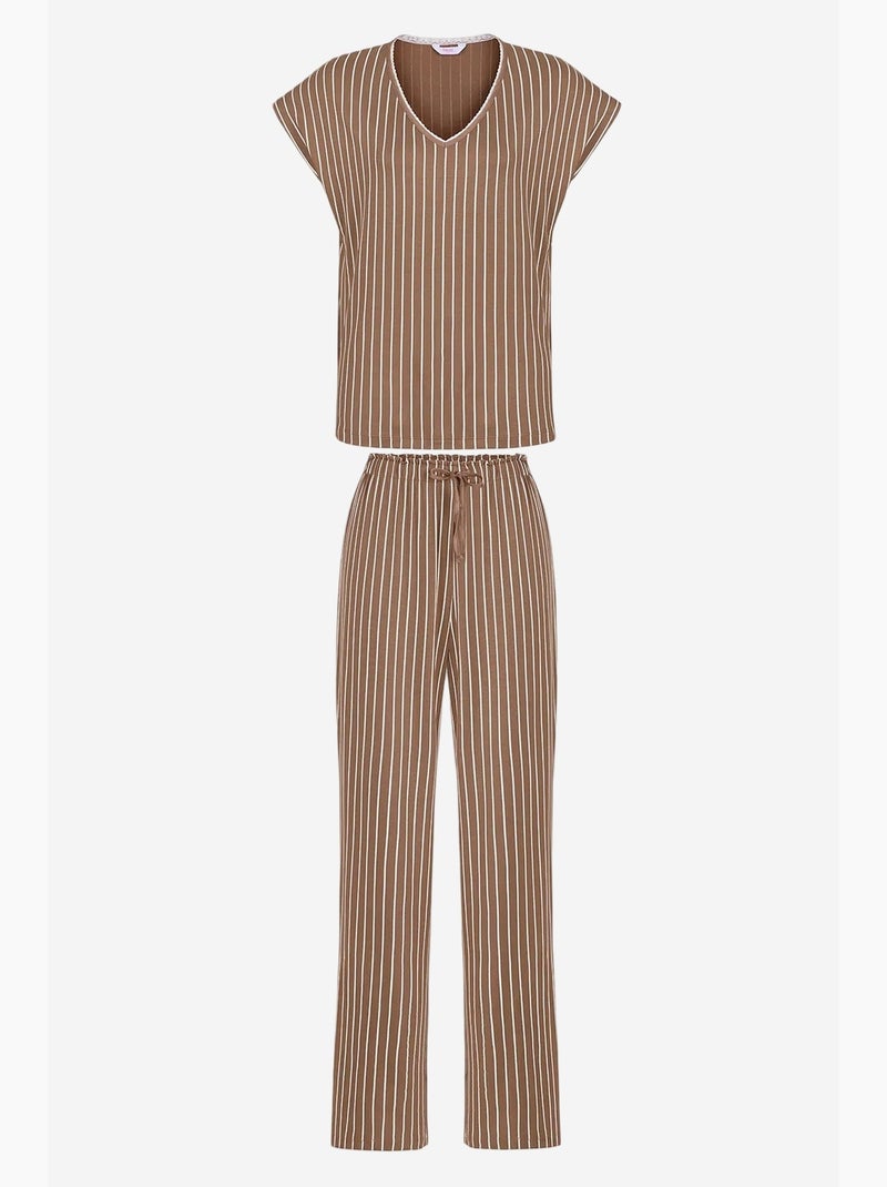 Hera conjunto de pijama de encaje a rayas con manga corta y pantalón penti Marrón - Kiabi
