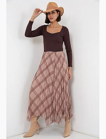 High waist plaid maxi skirt with slit bdart