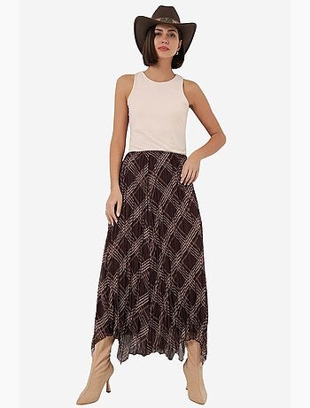 High waist plaid maxi skirt with slit bdart
