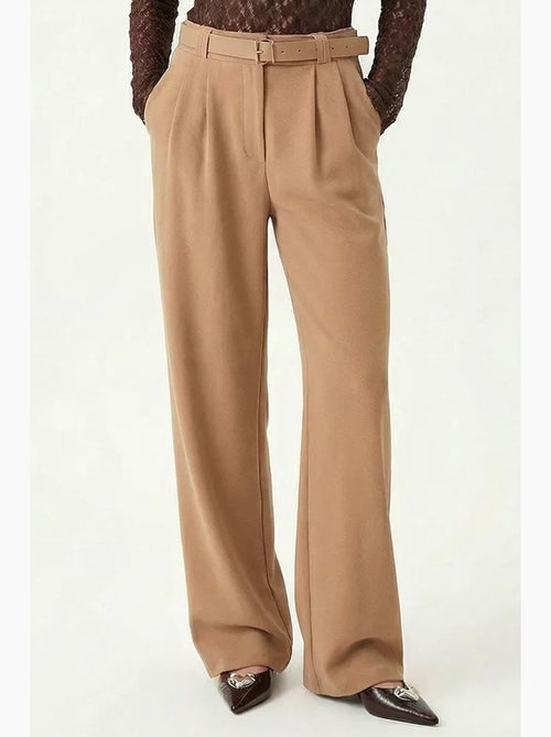 High waist textured wide leg trousers with buckle istanbul - Kiabi