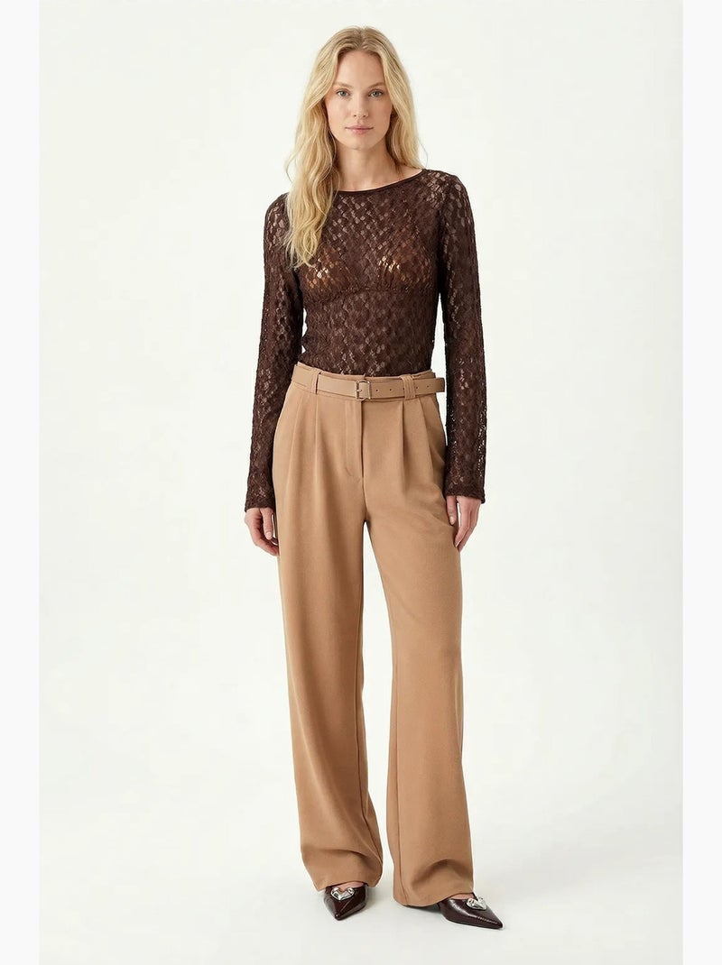 High waist textured wide leg trousers with buckle istanbul Beige claro - Kiabi