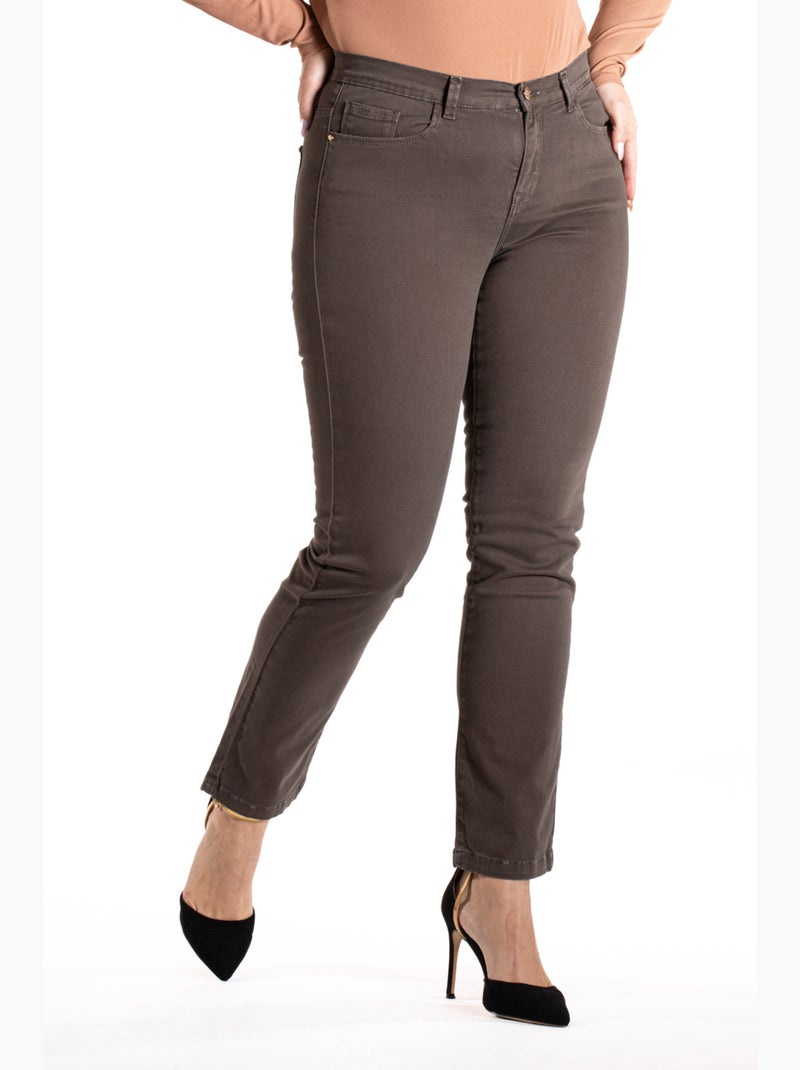 Jeans de color corte recto talle alto stretch 'OBER' Marrón - Kiabi