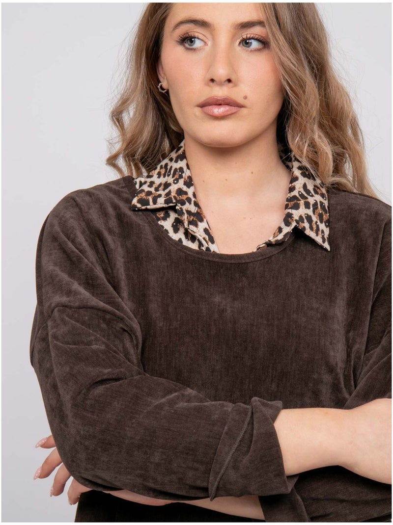 Jersey 2 en 1 efecto superpuesto con cuello camisero de leopardo keva Marrón - Kiabi