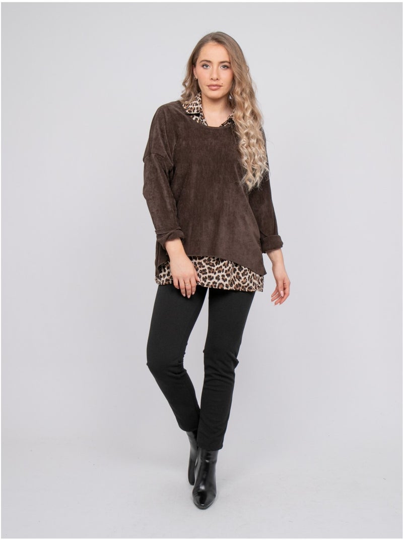 Jersey 2 en 1 efecto superpuesto con cuello camisero de leopardo keva Marrón - Kiabi