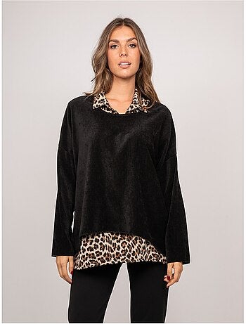 Jersey 2 en 1 efecto superpuesto con cuello camisero de leopardo keva