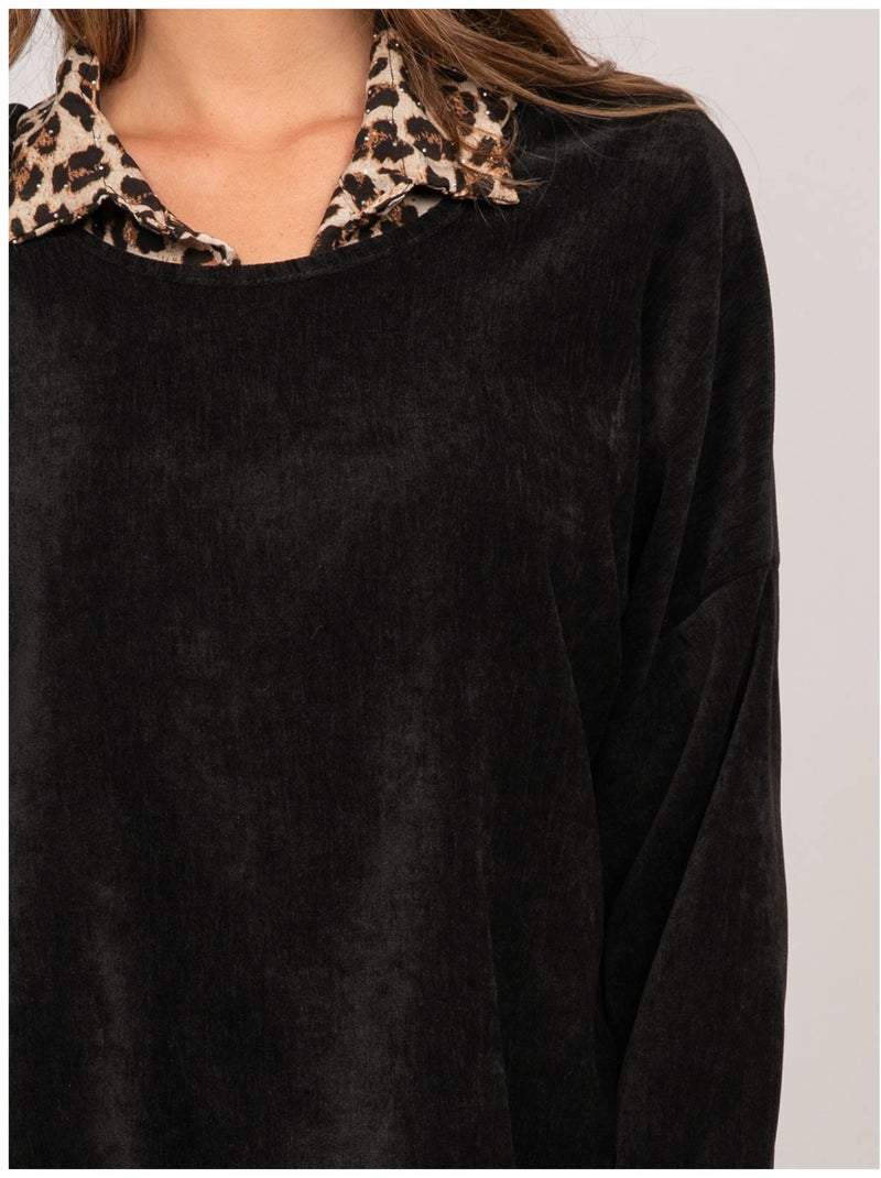 Jersey 2 en 1 efecto superpuesto con cuello camisero de leopardo keva Negro - Kiabi